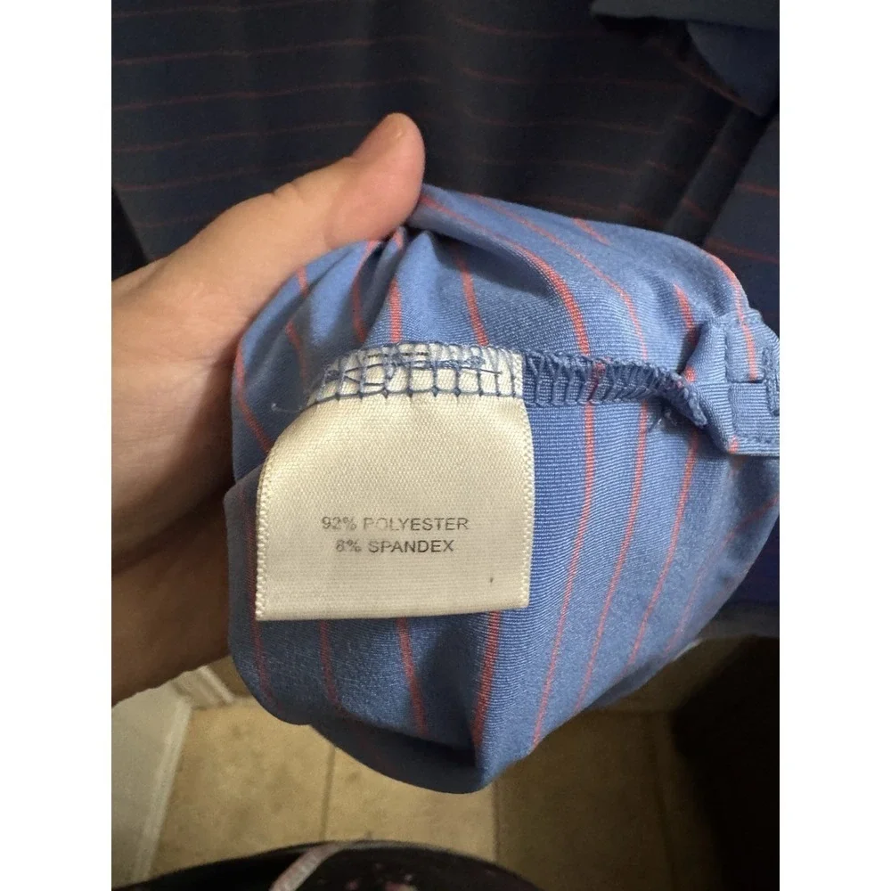 Peter Millar Summer Comfort Mens XL Polo Shirt Blue Pink Striped TX Golf Patch